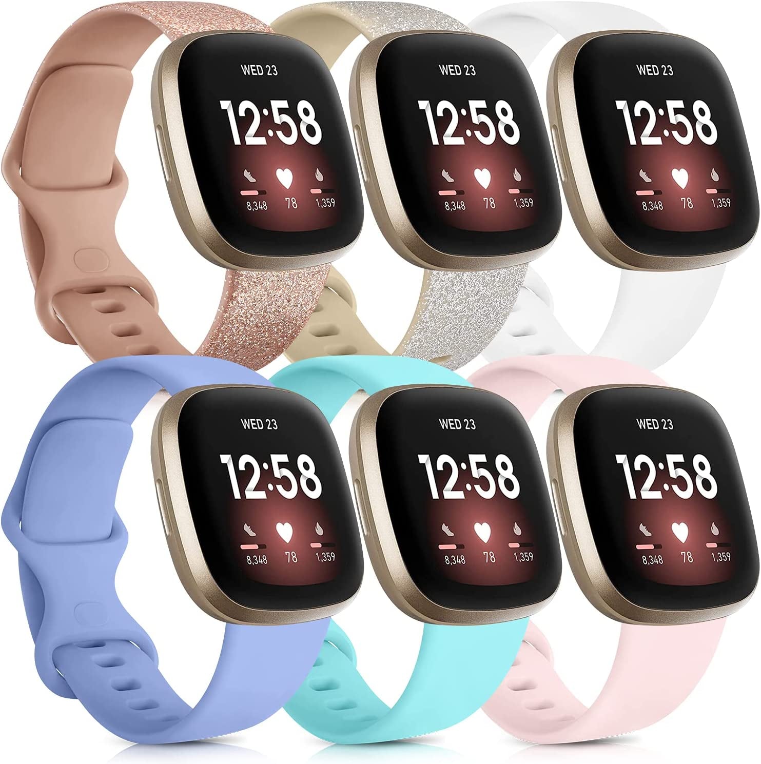 6 Pack Sport Bands Compatible with Fitbit Versa 3 Bands/Fitbit Sense Bands, Classic Soft Silicone Replacement Wristbands for Fitbit Versa 3 Smart Watch Women Men (Small, 6 Pack E)  Mugust #B Glistening Rose Gold/Glistening Champagne Gold/White/Lavender/Light Blue/Pink Small 