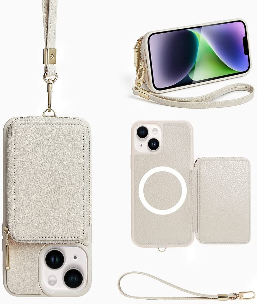 ZVE Wallet Case for Iphone 14 Pro Max 6.7 Inch, Magsafe Zipper Leather RFID Blocking Cards Holder Slots Case with Magnetic Wireless Charging, Protective Cover for Iphone 14 Pro Max 6.7"(2022)-Black  ZVE Beige iPhone 14 Plus 