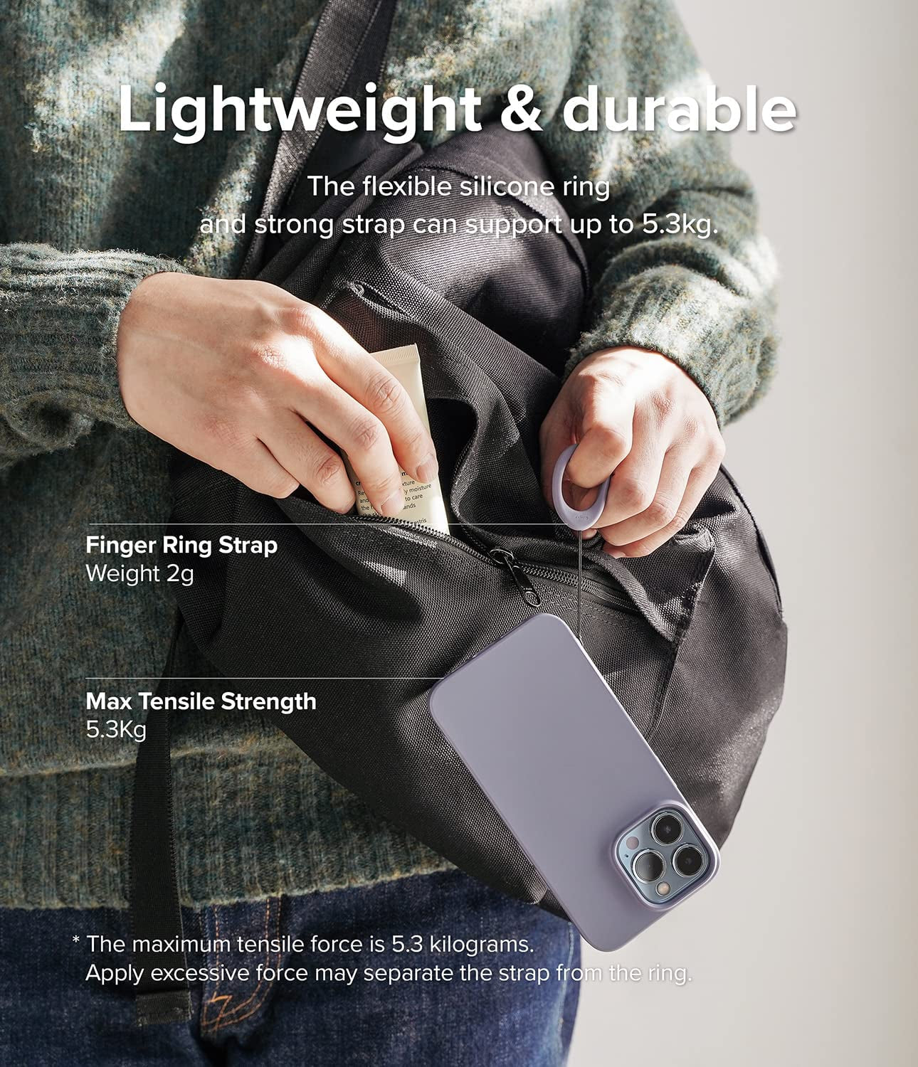 Ringke Finger Ring Strap Silicone Smartphone Grip Lanyard Holder [2 Pack] with Anti-Slip Mount Function Compatible with Phone Cases, Keys, Cameras, and More - Black & Lavender Gray  Rearth   