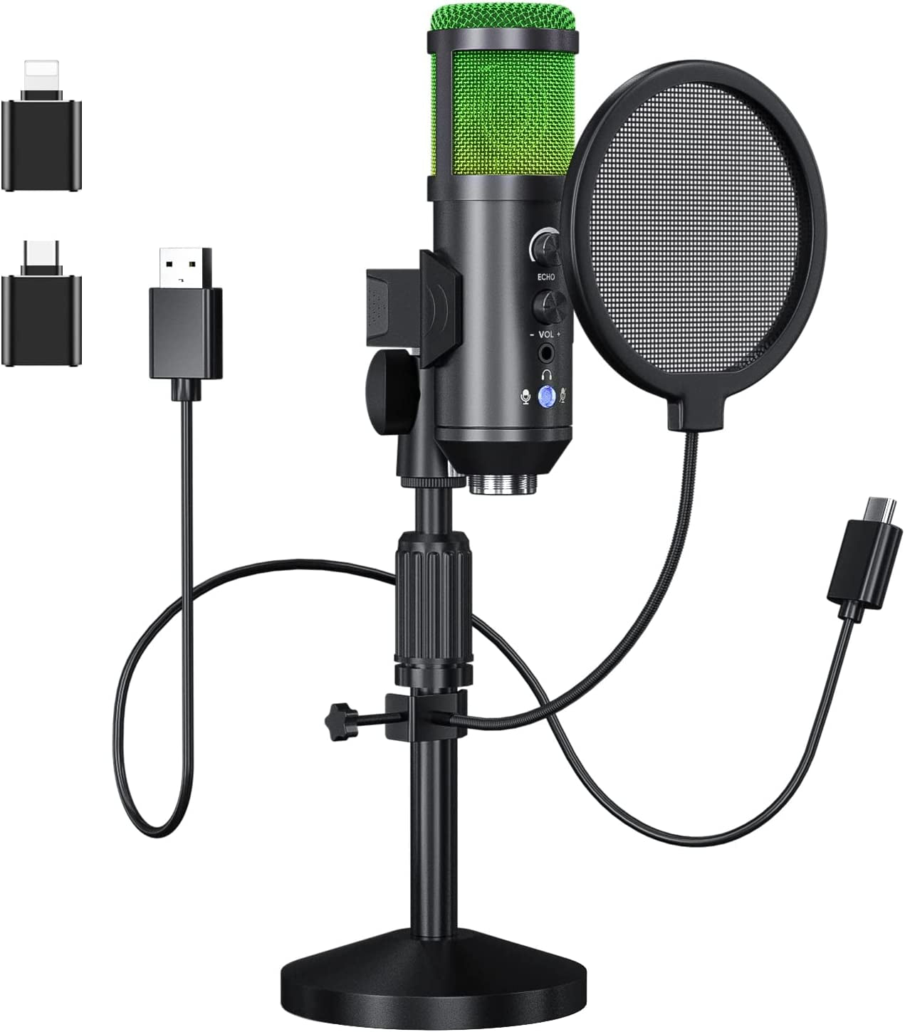 Riworal USB Microphone Gaming Microphone with Adjustable Boom Arm RGB Condenser Mic Kit Plug & Play Studio Recording Microphone for Smartphone Laptop Ps4 Ps5  Riworal USB Desktop Microphone  