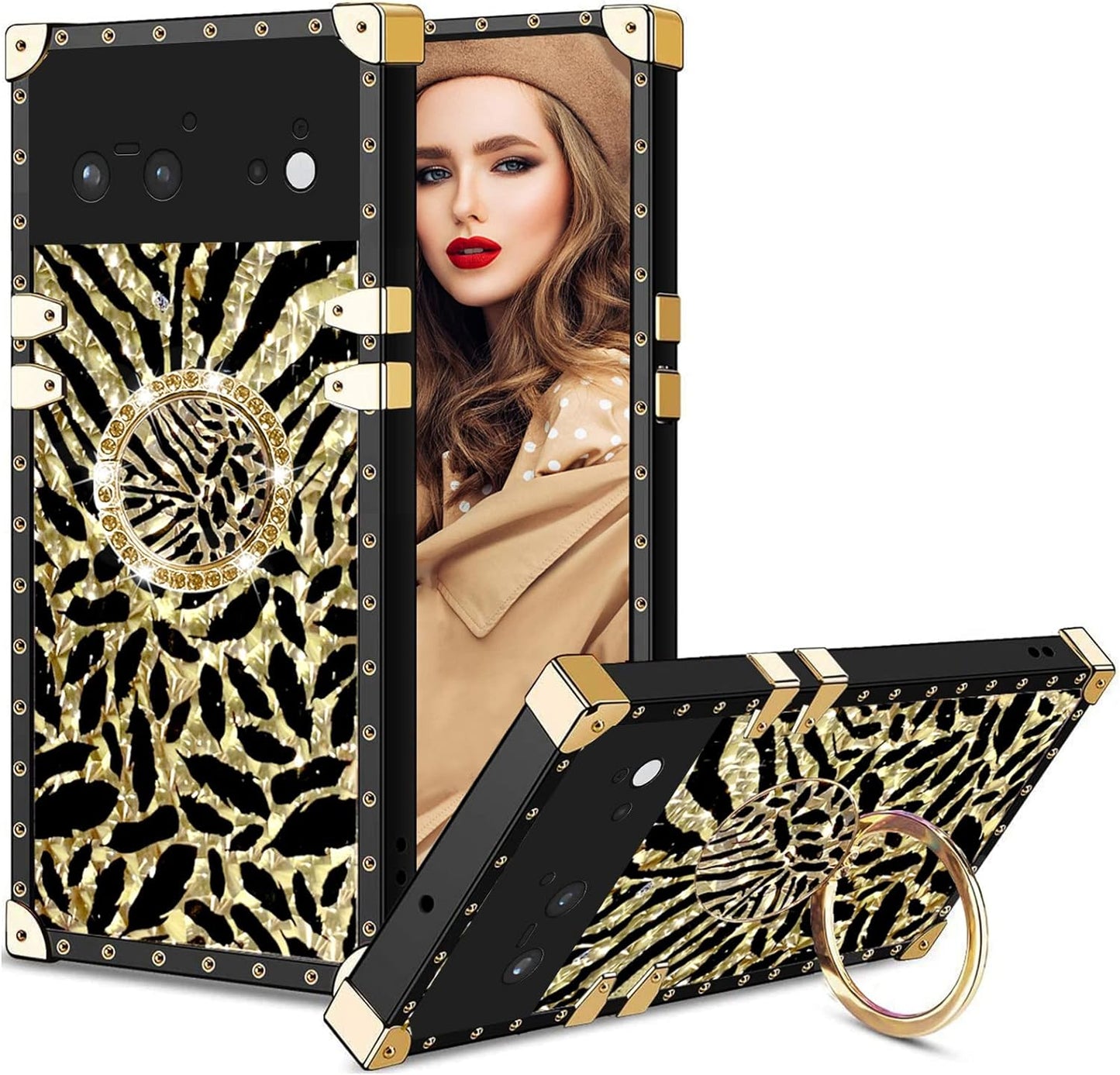 Designed for Google Pixel 6 Phone Case Luxury Square Case Drop Shockproof Protection Cover Elegant Cute Shining Retro Golden Glitter Leopard Cheetah Case for Google Pixel 6 - Leopard  Easyscen   