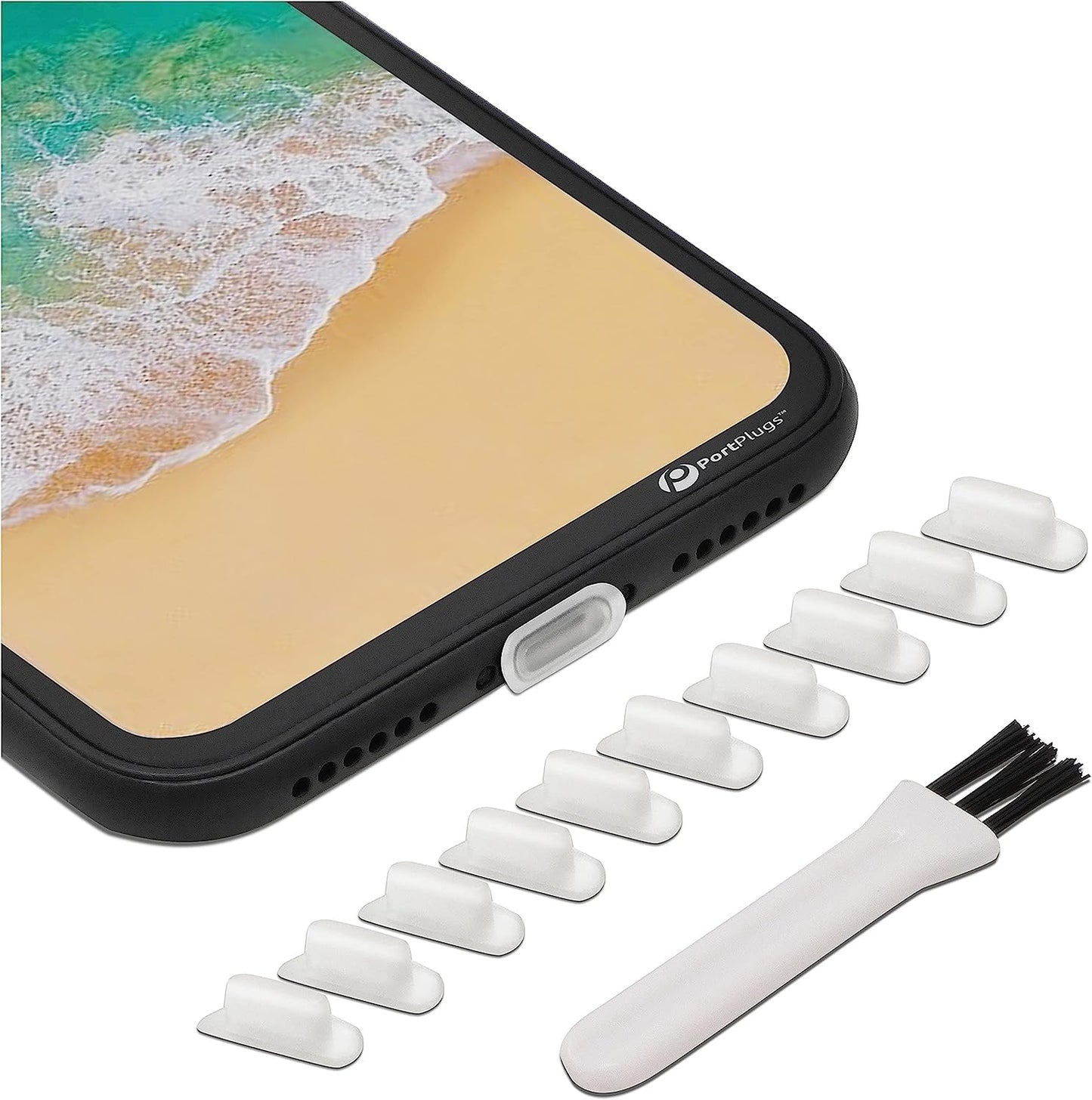 Portplugs 10 anti Dust Plugs, Compatible with Iphone 11, X, XS, XR, 8, 7, 6 Plus, Max, Pro, Airpods, Protection from Dirt, Sand, Lint, and Debris with Port Cleaning Brush (Black)  PortPlugs Clear  