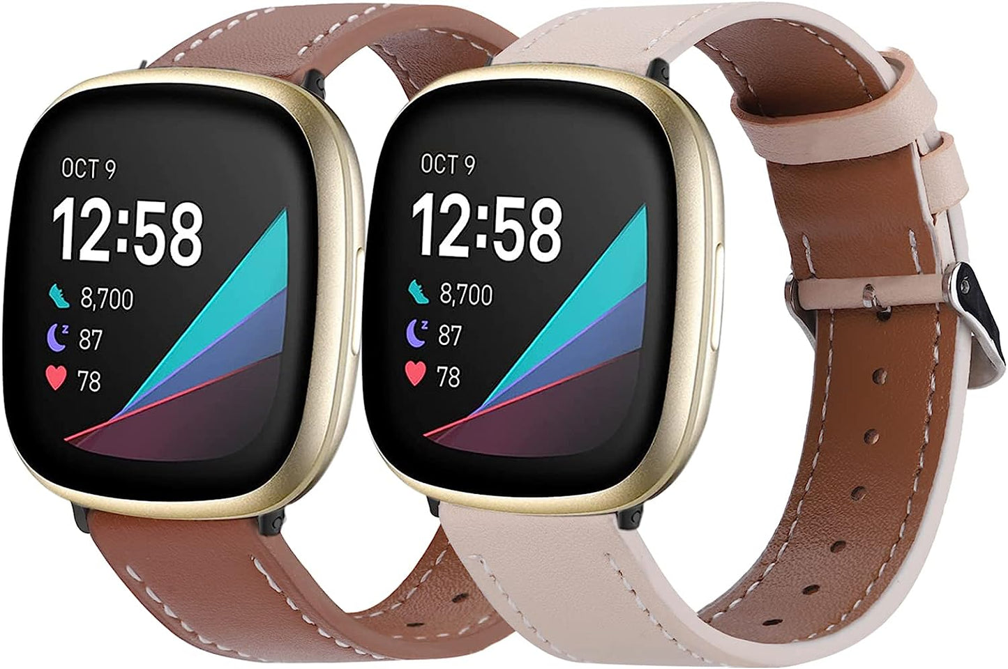 2 Pack Leather Bands Compatible with Fitbit Versa 3 Bands/Fitbit Sense Bands for Women Men, Classic Soft Leather Replacement Wristbands Strap for Fitbit Versa 3 / Fitbit Sense  POHNUI Brown & Apricot  