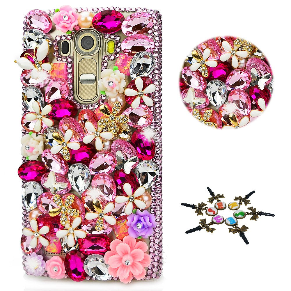STENES Bling Case Compatible with LG G8 Thinq - STYLISH - 3D Handmade Crystal Heart Pendant Dance Butterfly Flowers Design Protective Cover Compatible with LG G8 Thinq - Pink  STENES Flowers Floral Butterfly / Red Design For Lg G8 Thinq 