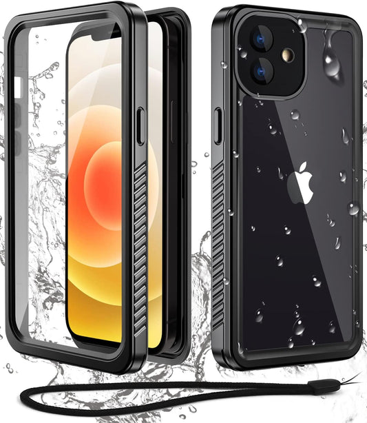 WIFORT for Iphone 12 Mini Waterproof Case Built-In Screen Protector Water Resistant Cover Protective Drop Protection Hard, Shockproof Full Body Defender Tough Military Grade - 5.4" Black  WIFORT   