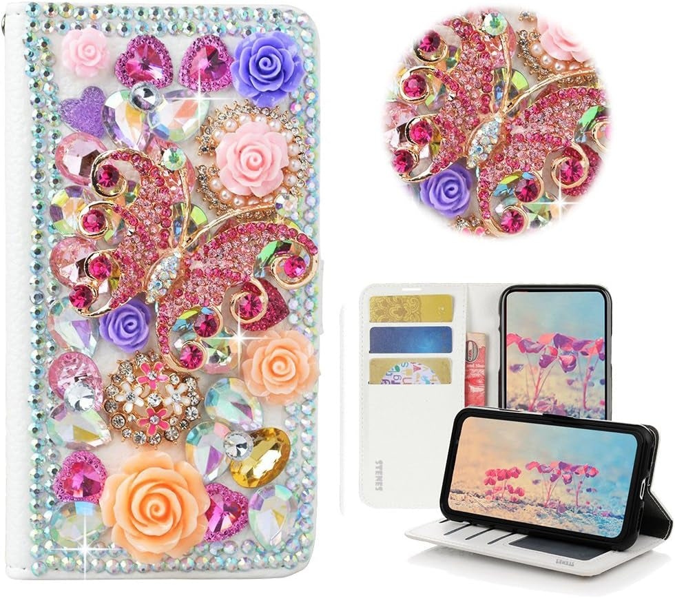 STENES LG G6 Case, LG G6 plus Case - STYLISH - 3D Handmade Crystal Heart Pendant Butterfly Flowers Wallet Credit Card Slots Fold Stand Leather Cover Case for LG G6/LG G6 plus - Pink  STENES Rose Butterfly Flowers / Pink  