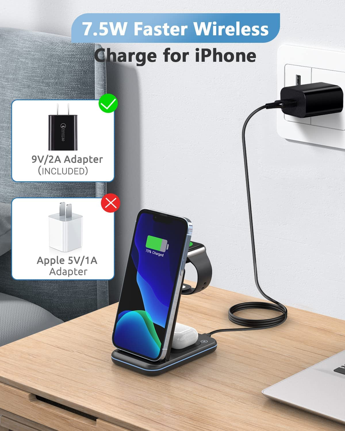 Wireless Charger, 3 in 1 Fast Wireless Charging Station, Wireless Charging Stand Dock 18W Foldable for Apple Watch SE/7/6/5/4/3/2 Airpods 3/2/Pro Iphone 13/12/11/Pro/Xs/Xs Max/Xr/X/Se/8/8 Plus  Bauhoo   