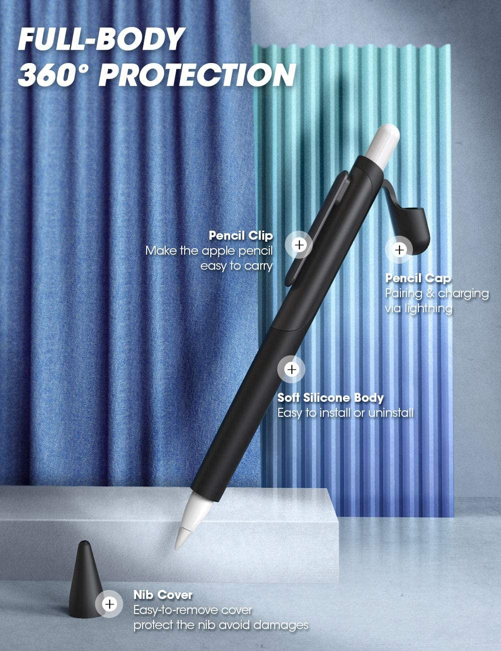 SUPCASE Silicone Protective Case for Apple Pencil (1St Generation), Anti-Slip Grip with Nib Cover (3 Pieces) Accessories (Black)  SUPCASE   