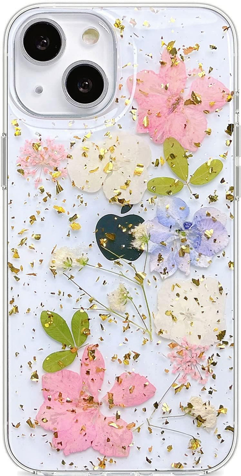 Abbery Designed for Iphone 13 Pressed Flower Case, Cute Clear with Design Bling Glitter Sparkle Soft TPU Transparent Dried Real Flower Floral Aesthetic Case for Women Girls (3 Pink Flower)  Abbery Pink Flower  