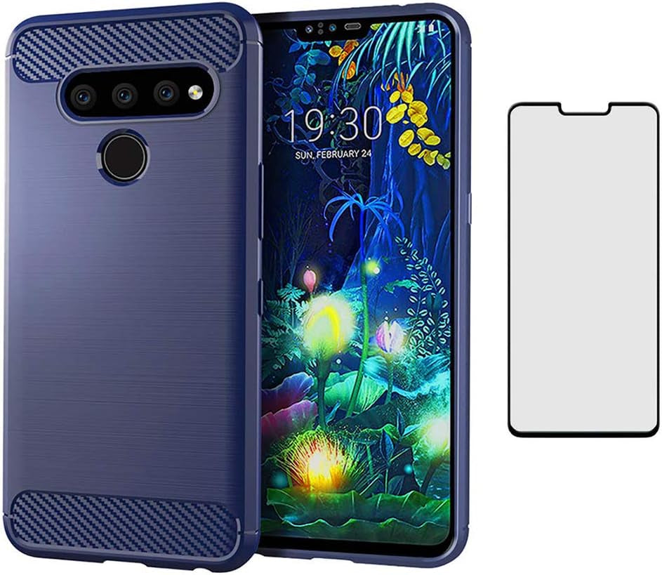 Phone Case for LG V40 Thinq with Tempered Glass Screen Protector Cover and Slim Rugged Soft TPU Rubber Silicone Cell Accessories LGV40 Storm V 40 Thin Q V40Thinq LG40 40V 40Thinq Women Men Girls Blue  Asuwish   
