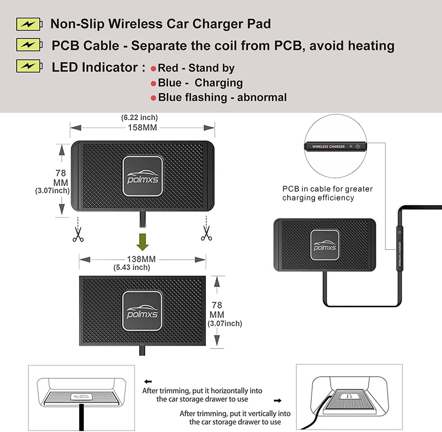 Wireless Charger,Polmxs Wireless Car Charger Charging Pad 10W Wireless Phone Charger Fast Non Slip Charger for Car Android Wireless Charging Mat for Cell Phone Galaxy 21/20 NOTE10 S9S10 S8(C1Y)  POLMXS   