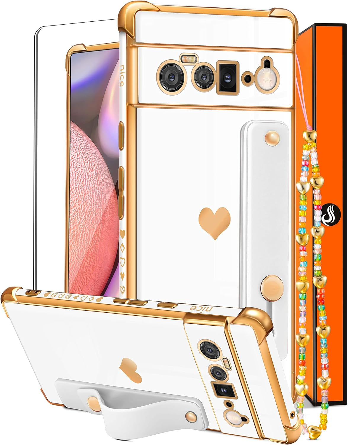 Likiyami (3In1 for Google Pixel 6 Pro Case 5G Heart for Women Girls Girly Cute Luxury Pretty with Stand Phone Cases Black and Gold Love Hearts Aesthetic Cover+Screen+Chain for Google Pixel 6 Pro 6.7"  Likiyami Only For Google Pixel 6 Pro 5G-White  