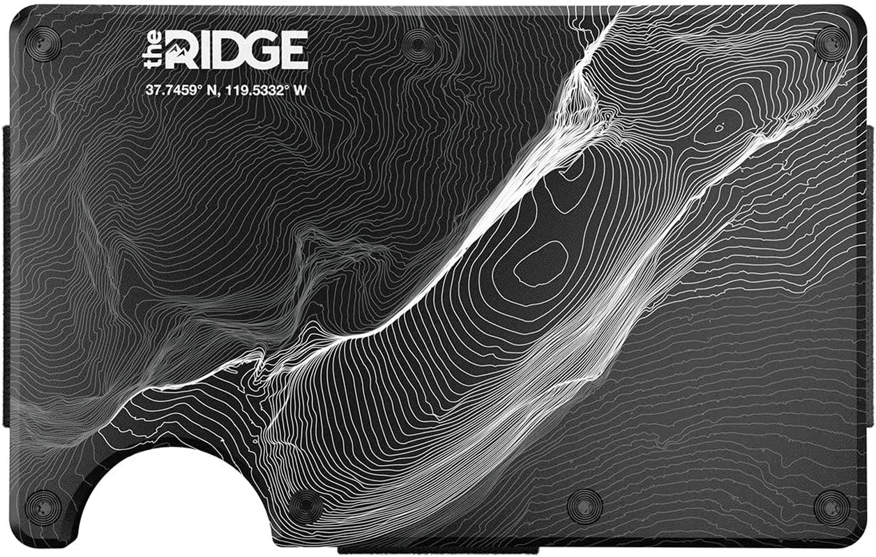 The Ridge Minimalist Slim Wallet for Men - RFID Blocking Front Pocket Credit Card Holder - Aluminum Metal Small Mens Wallets with Cash Strap (Matte Olive)  The Ridge Half Dome - Topographic  