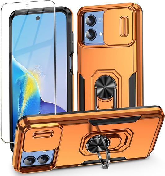 For Motorola Moto G Stylus 5G 2023 Case with Slide Camera Cover + Tempered Glass Screen Protector,[Full Camera Protection] [Ring Kickstand] Military Grade Shockproof Full Body Protective Cover-Orange  Mocotto   