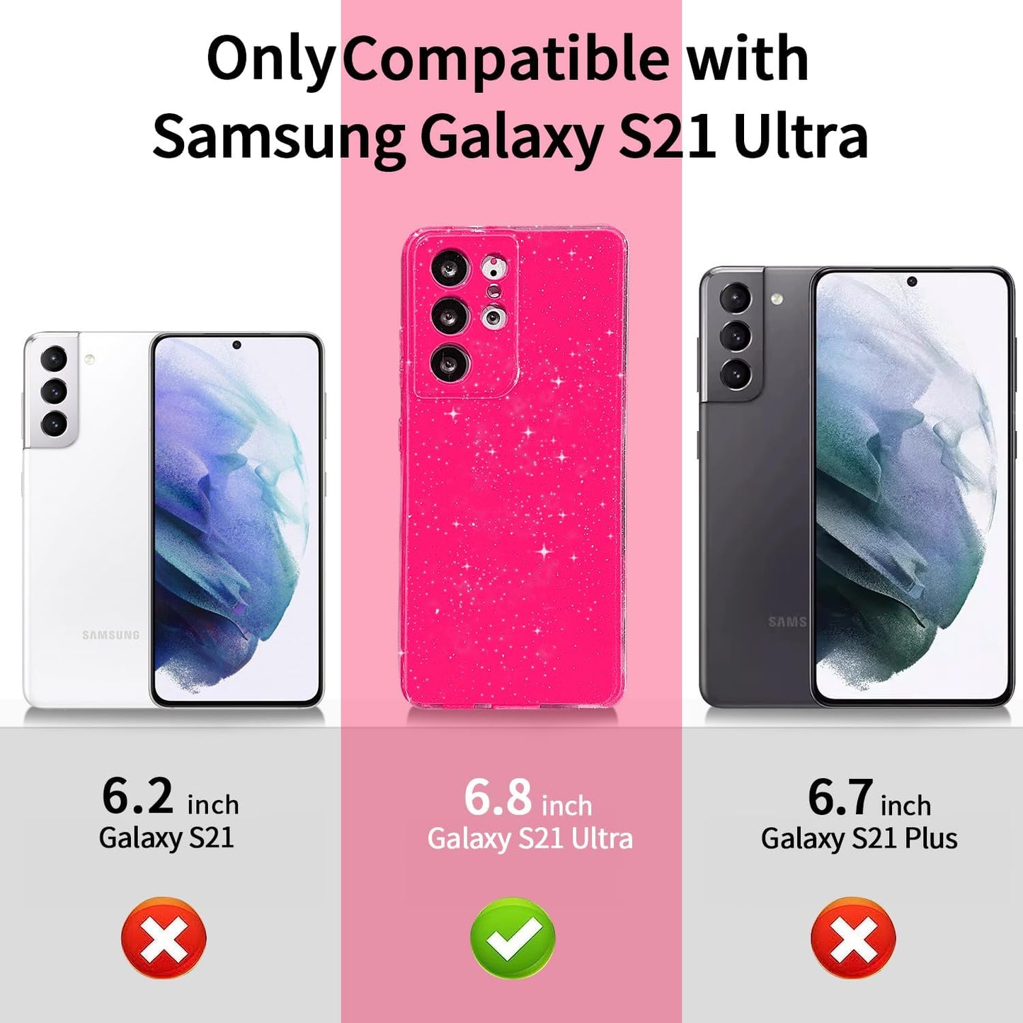 MINSCOSE Compatible with for Samsung Galaxy S21 Ultra Case,Cute Neon Bright Color,Glitter Bling Thin Slim Shockproof Silicone Sparkly Case, Soft TPU Phone Case for Women Girl-Hot Pink  MINSCOSE   