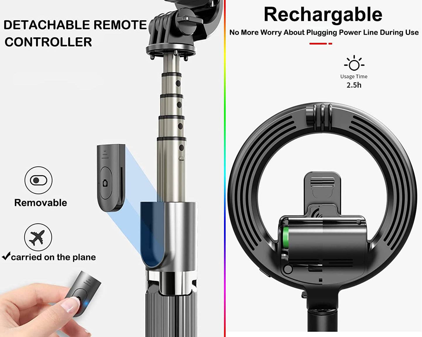 Selfie Stick with 6" Ring Light, Tripod and Phone Holder,3 in 1 Portable LED Fill Light Selfie Stick Tripod Remote Control,Dimmable 3 Colors for Youtube Videos Tiktok Live Stream Make-Up  Amailtom   