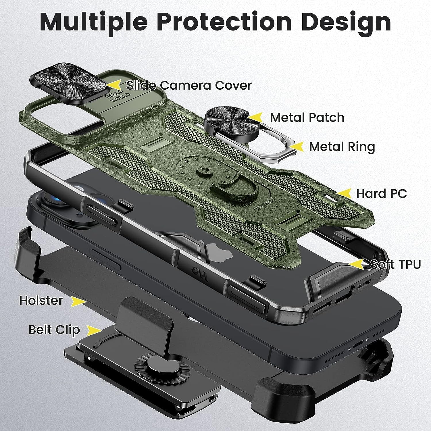 Caka for Iphone 14 plus Case with Belt-Clip Holster, Case for Iphone 14 plus with Slide Protective Camera Cover Built-In 360° Rotate Stand, Iphone 14 plus Phone Case 6.7 Inch -Green  Caka   