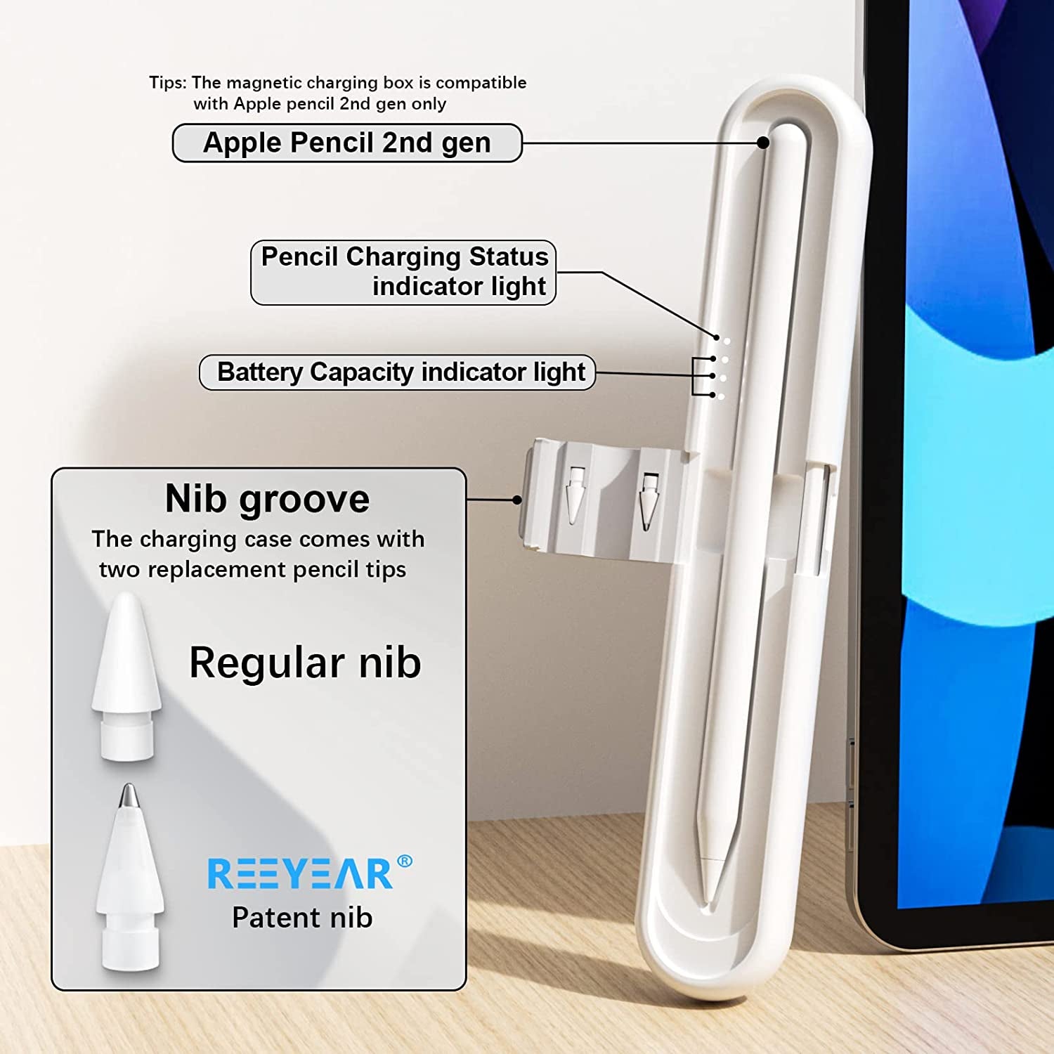 REEYEAR Portable 800Mah Fast Charging Case with 2 Pcs Replacement Pencil Tips Fits for Apple Pencil 2Nd Generation, Lightweight Travel-Friendly Charger and Storage Case for Ipad Pro Pencil 2,Gray  REEYEAR   