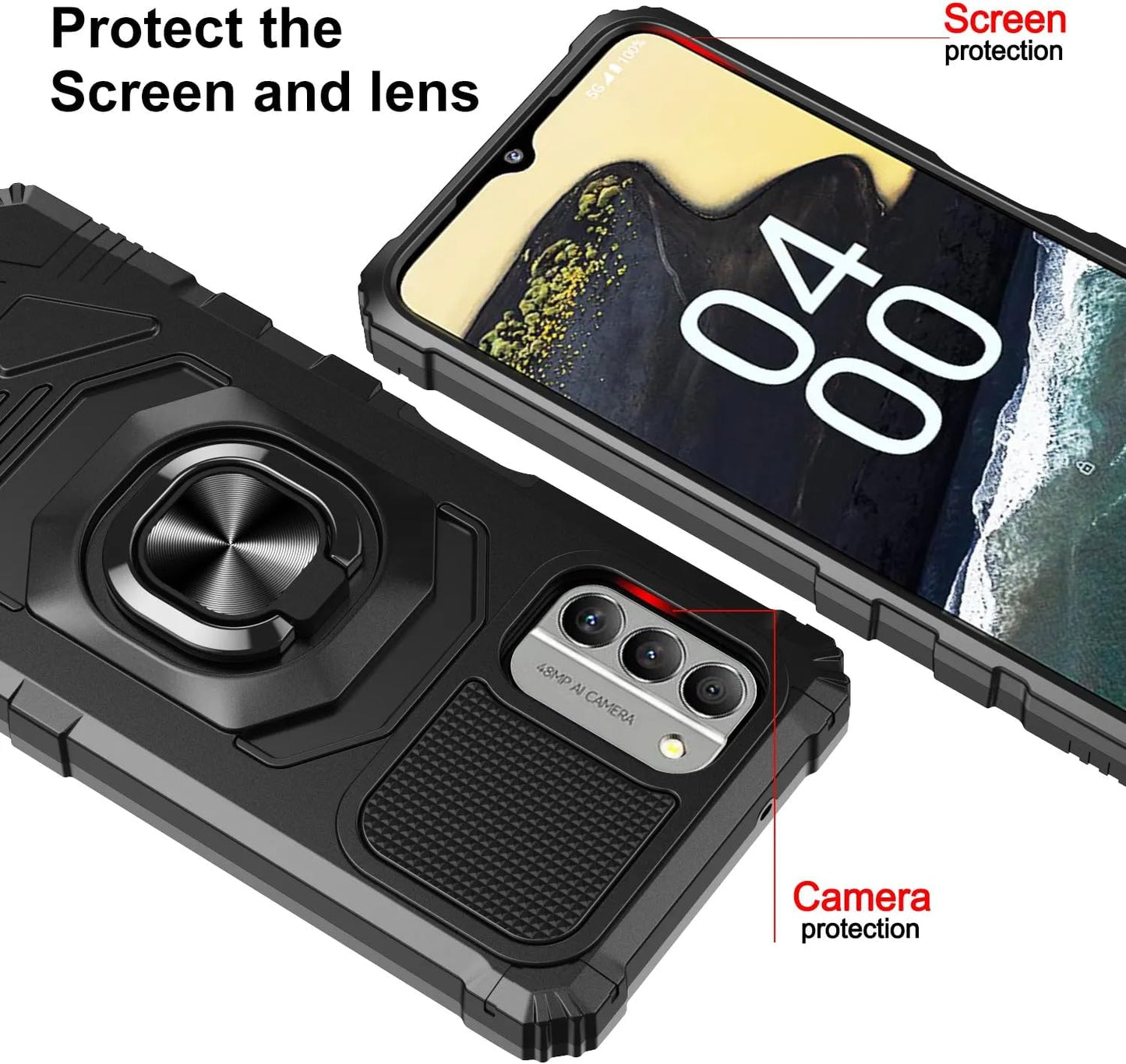 TJS Compatible for Nokia G100 Case (N150Dl)/Nokia C300 Case (N155DL), with Tempered Glass Screen Protector, Metal Ring Magnetic Support Kickstand Heavy Duty Protection Phone Case (Red)  TJS   