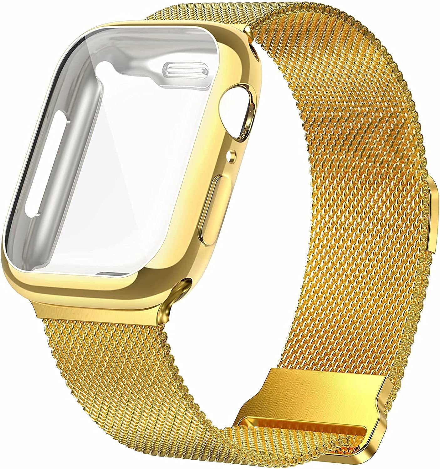 Geoumy Metal Magnetic Bands Compatible for Apple Watch Band 45Mm with Case, Stainless Steel Milanese Mesh Loop Replacement Strap Compatible with Iwatch Series 8/7/6/5/4/3/2/1 SE Women Men,Starlight  Geoumy Gold 44 mm 