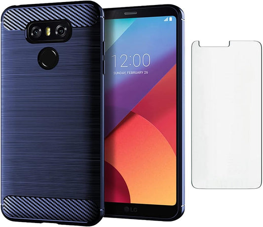 Asuwish Compatible with LG G6 Case and Tempered Glass Screen Protector Cover Cell Accessories Silicone Protective Phone Cases for LGG6 Thinq LG6 Thin Q G 6 plus G6+ 6G VS988 H872 Carbon Fiber Blue  NSS   