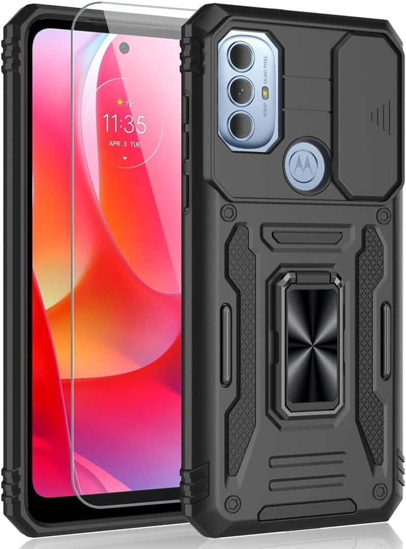 SYONER for Motorola Moto G Play 2023 Case, Moto G Power 2022 Case, Moto G Pure Case with Screen Protector, Shockproof Phone Case & Sliding Camera Cover & Ring Holder Kickstand [Alpine Green]  SYONER Black  