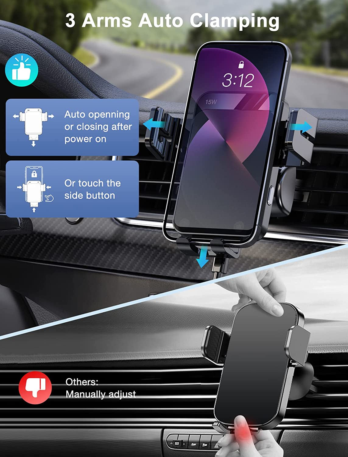 Wireless Car Charger, MOKPR Auto-Clamping Car Mount 15W/10W/7.5W Fast Charging Air Vent Car Phone Mount Compatible with Iphone 14/13/13 Pro/12 Pro Max/12 Pro/12/11/10/8 Series, Samsung Galaxy Series  MOKPR   