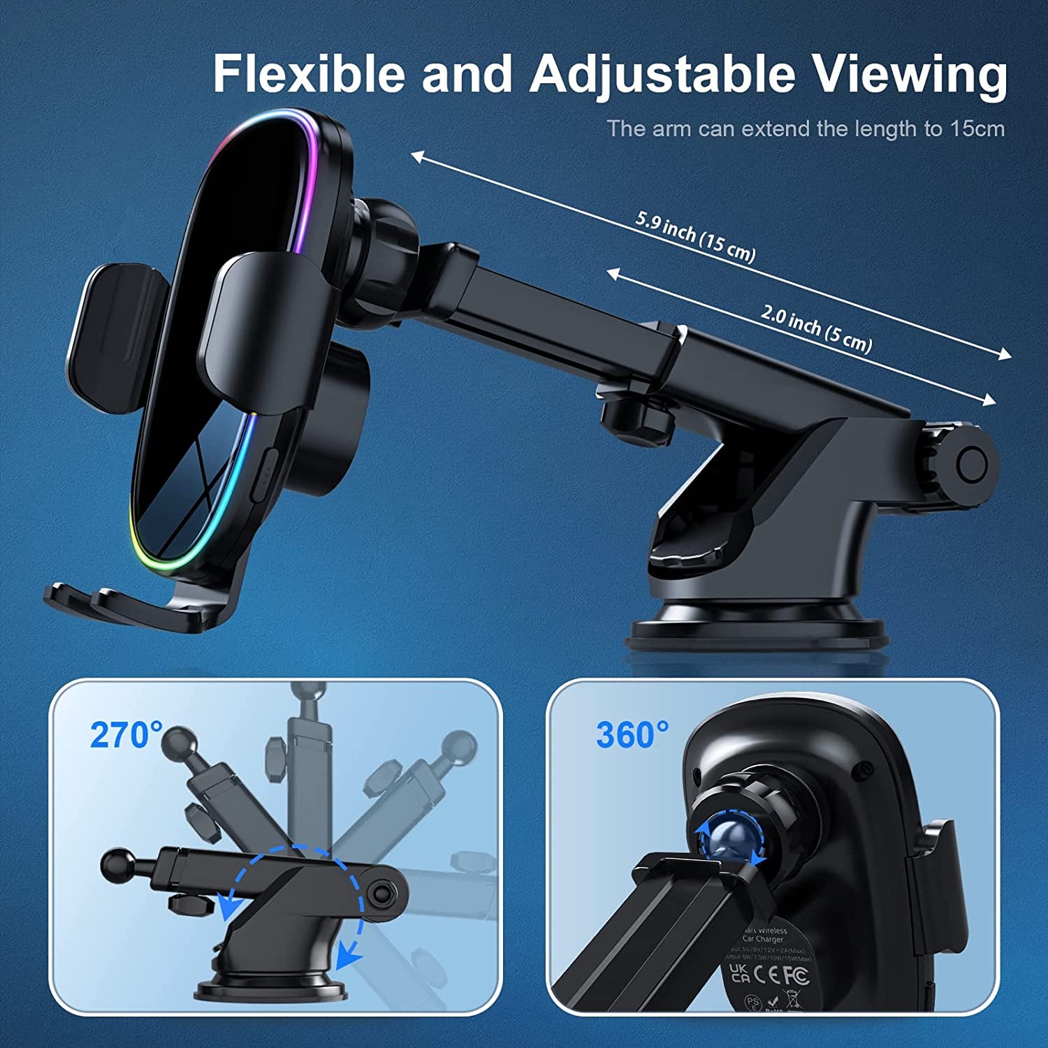 Wireless Car Charger Mount, SOARUN [Unique 7 Colors LED Dynamic Backlit] 15W Wireless Fast Charging Car Phone Holder, Auto-Clamping Wireless Car Charger for Iphone 14 Pro 13 12, Samsung S23 Ultra S22  SOARUN   