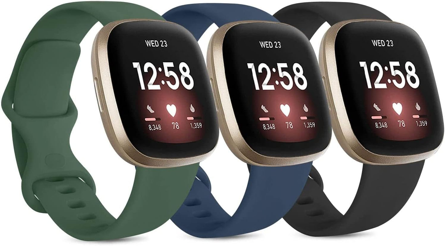3 Pack Silicone Bands for Fitbit Sense Bands Fitbit Versa 3 Bands Women Men, Classic Soft Sport Bands Replacement Wristbands for Fitbit Sense/Versa 3 Smart Watch (Black/White/Gray, Large)  Amzpas Olive Green/Navy Blue/Black Small 