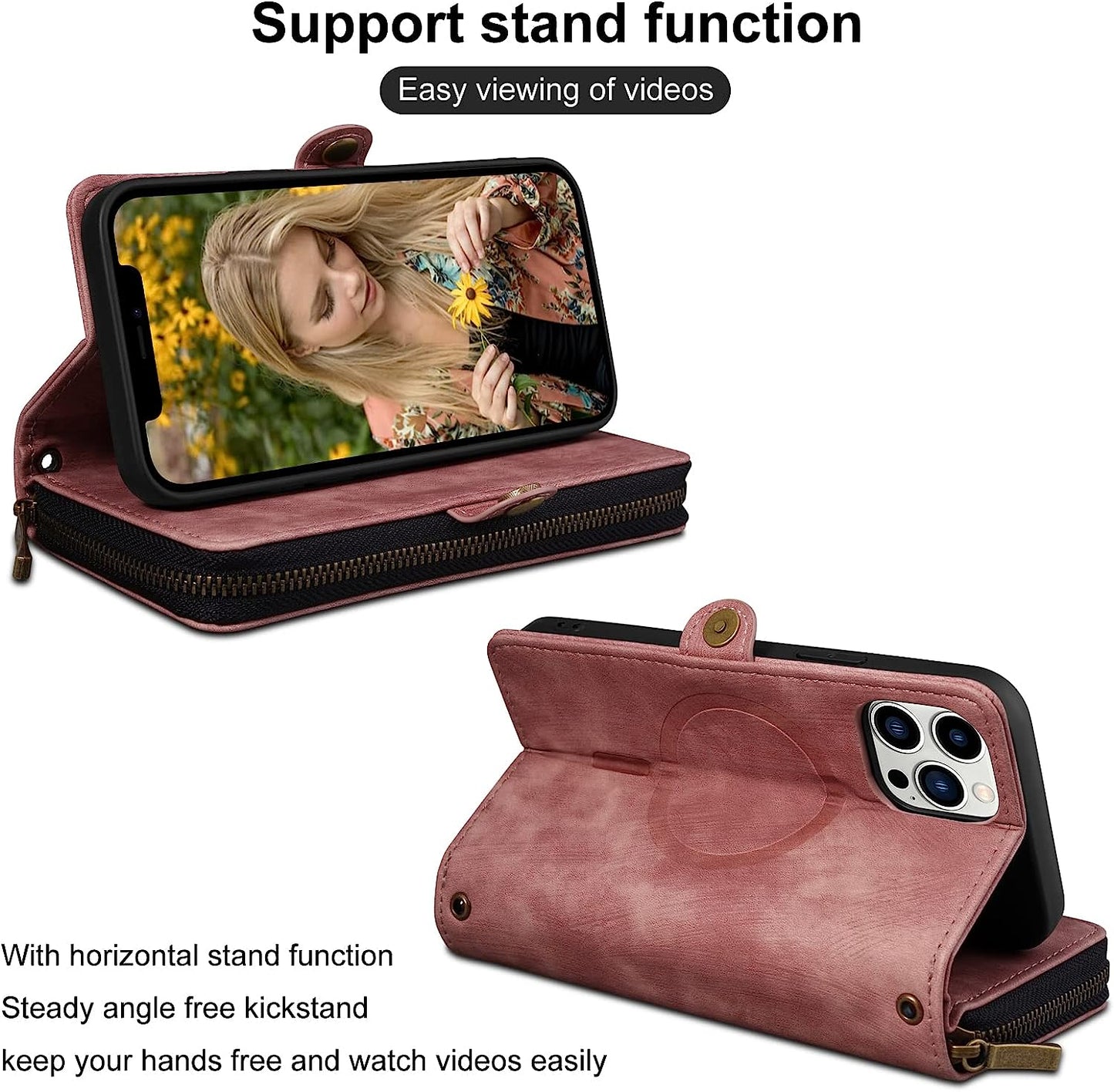 Rssviss for Iphone 12/12 Pro Case Wallet Cover for Women Men, 《RFID Blocking》《Magsafe》Credit Card Holder Leather Strap Zipper Wristlet Iphone 12 Pro Case with Magnetic Shockproof 6.1" Vintage Pink  Rssviss   