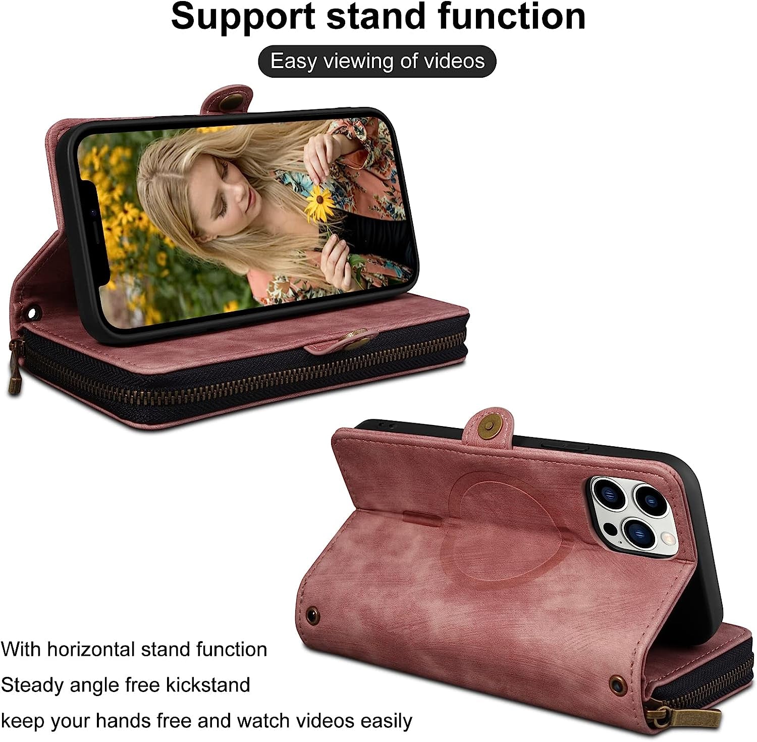 Rssviss for Iphone 12/12 Pro Case Wallet Cover for Women Men, 《RFID Blocking》《Magsafe》Credit Card Holder Leather Strap Zipper Wristlet Iphone 12 Pro Case with Magnetic Shockproof 6.1" Vintage Pink  Rssviss   