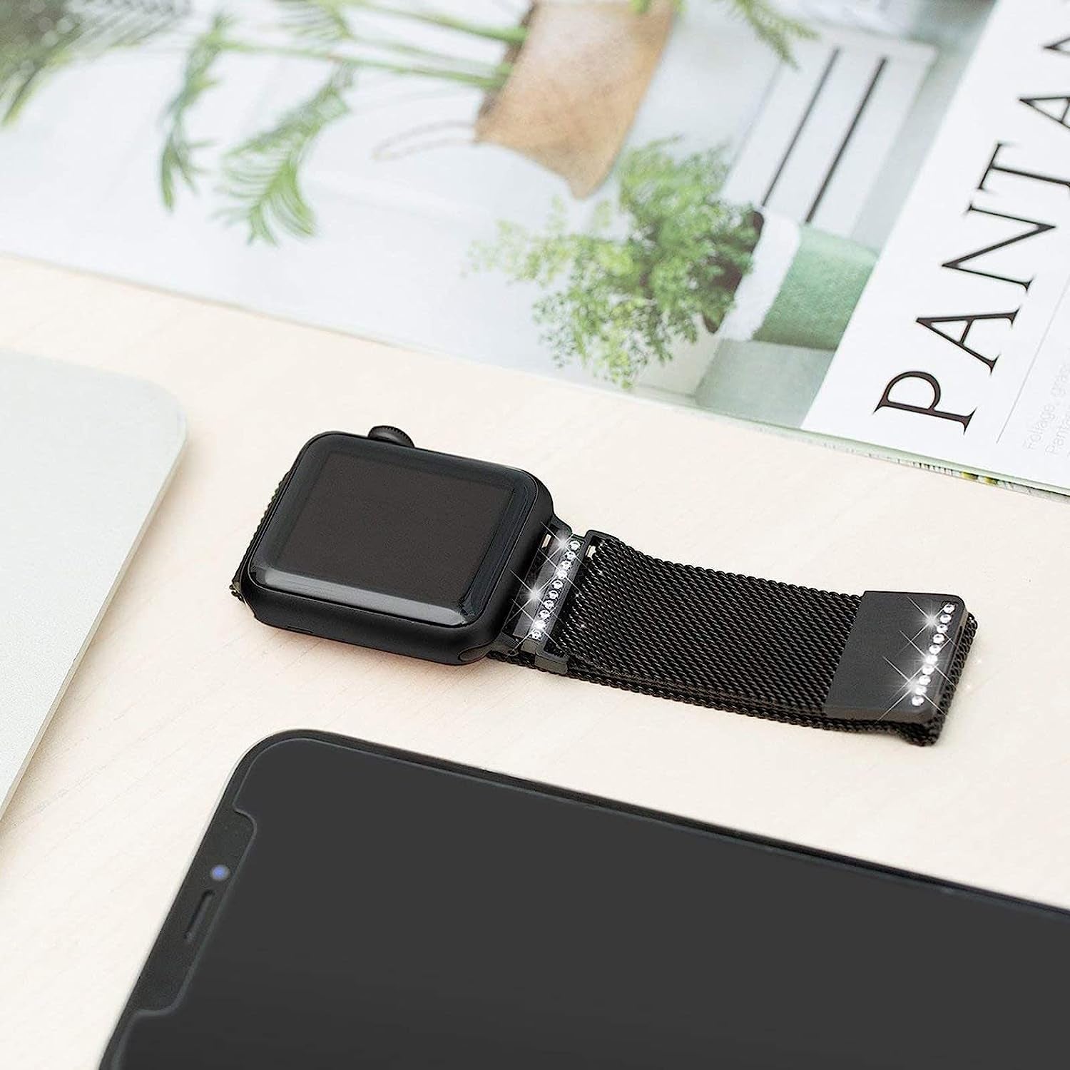 Magnetic Metal Band Compatible with Apple Watch Bands 38Mm 40Mm 41Mm 42Mm 44Mm 45Mm for Men Women, Stainless Steel Mesh Milanese Loop Diamond Strap Compatible for Iwatch Series Se/7/6/5/4/3/2/1,Black  BANDHOME   