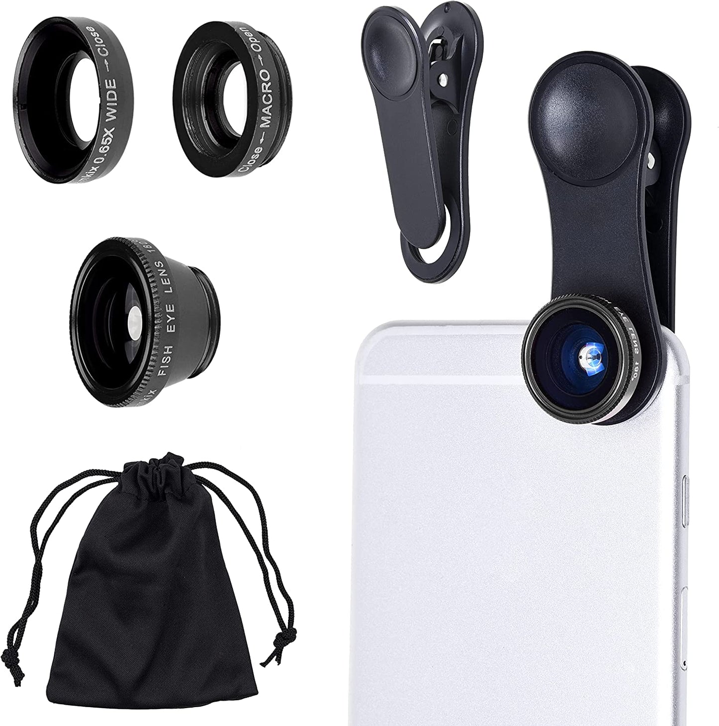 Universal 3 in 1 Cell Phone Camera Lens Kit for Smartphones Including - Fish Eye Lens / 2 in 1 Macro Lens & Wide Angle Lens/Universal Clip/Carry Pouch/Microfiber Cleaning Cloth  CamKix   