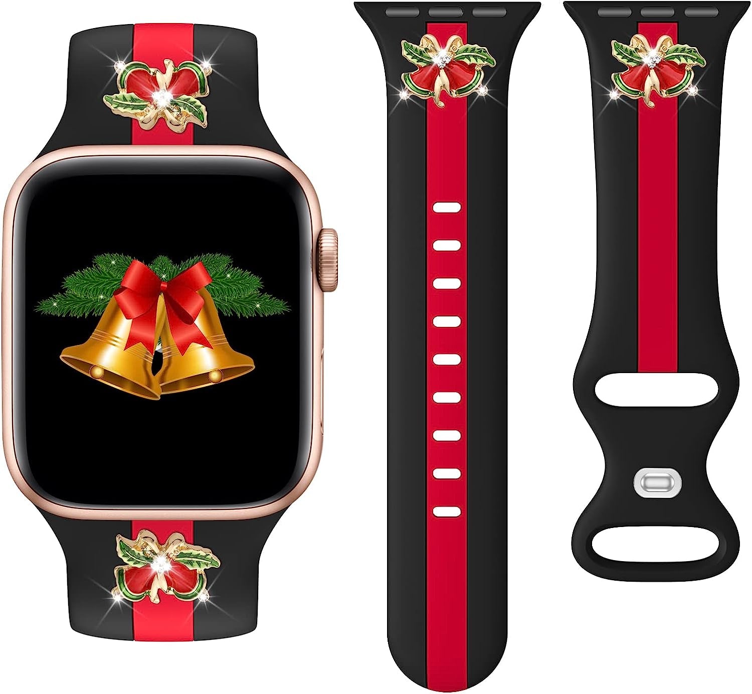 Designer Sport Band Compatible with Apple Watch Iwatch Bands 38Mm 40Mm 41Mm 42Mm 44Mm 45Mm 49Mm Men Women, Soft Silicone Strap Wristbands for Apple Watch Series 8/7/6/5/4/3/2/1/Se/Ultra  seizehe Black Red with christmas bell charm 42mm/44mm/45mm/49mm 