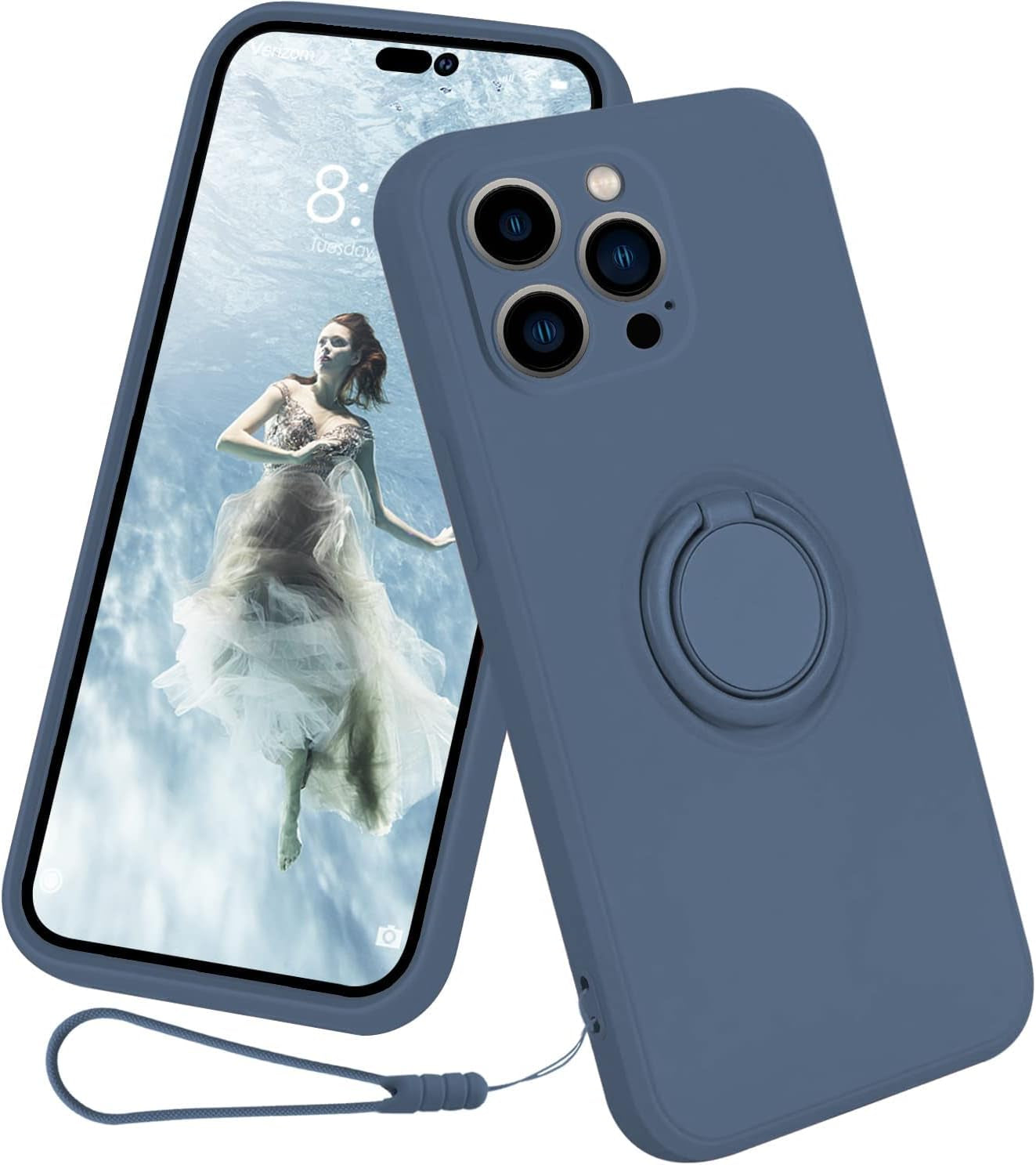 13Peas Case for Iphone 14 Pro（2022 Released）, Silicone Case with Ring 360°Rotatable Kickstand Cover Support Magnetic Car Mount，Protective Cover with Strap Lanyard (Black)  13peas Blue  