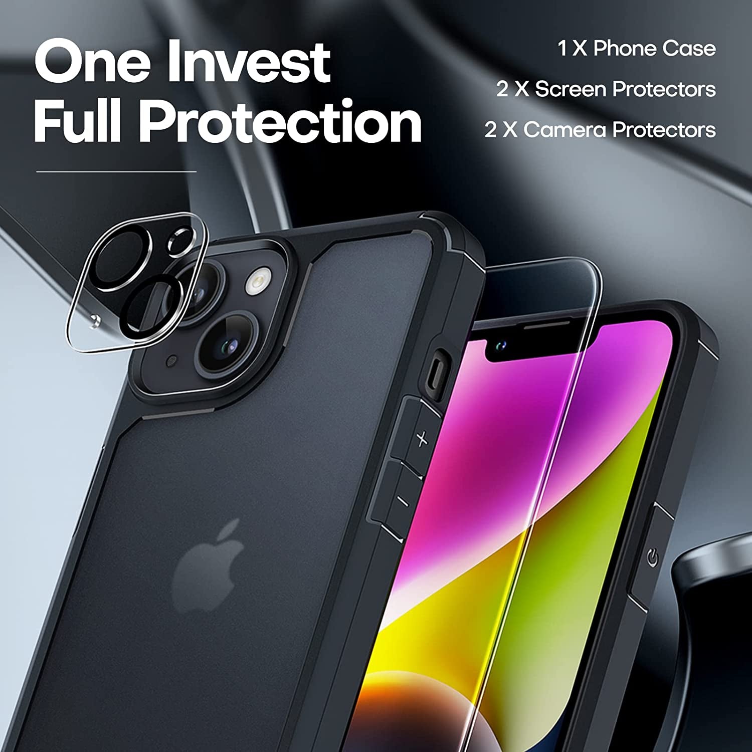 TAURI 5 in 1 for Iphone 14 Case, [Not Yellowing] with 2 Tempered Glass Screen Protectors + 2 Camera Lens Protectors [Military Grade Protection] Shockproof Slim Phone Case 6.1 Inch, Matteblack  TAURI   