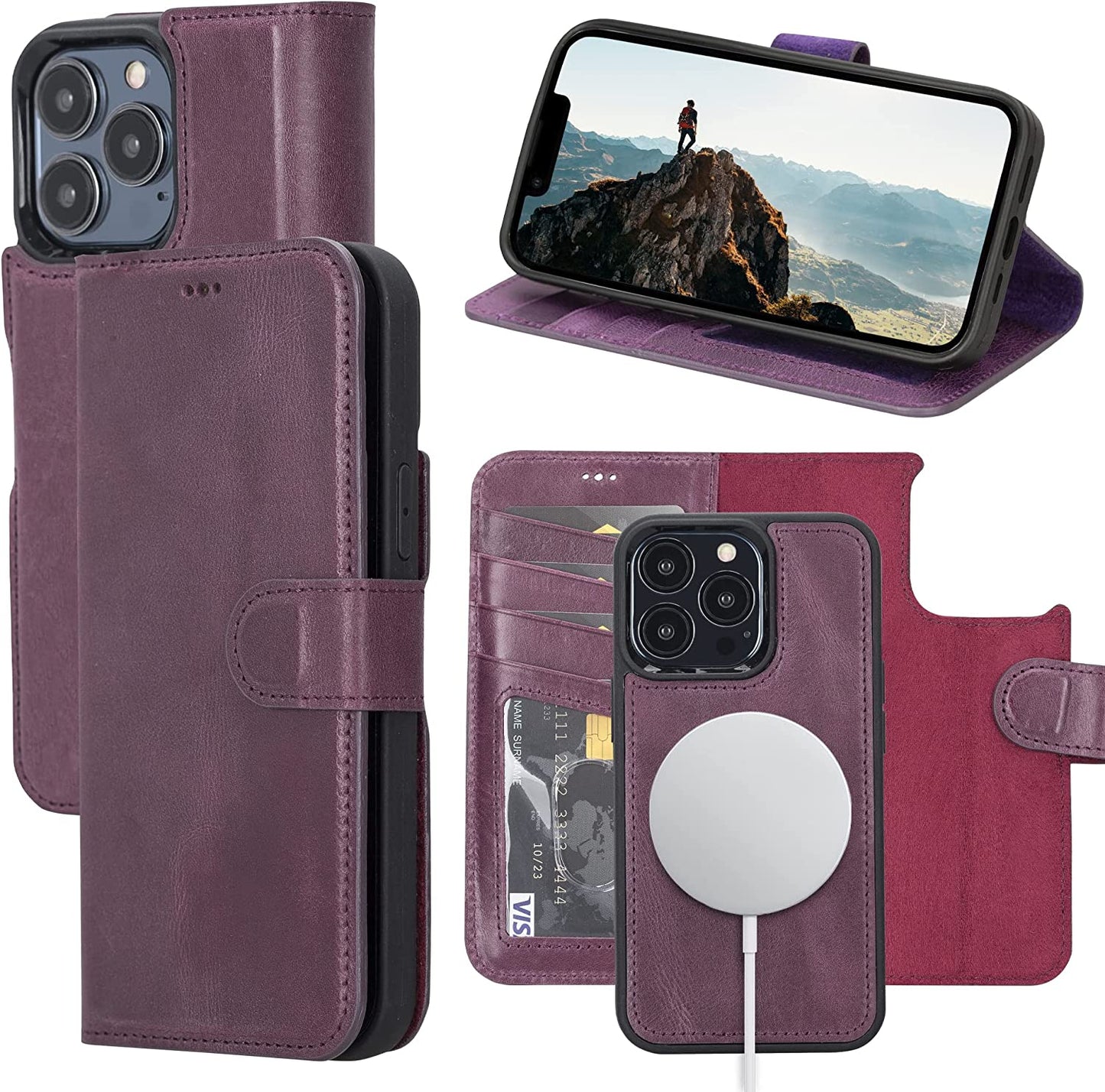 OXA Leather 2-In-1 Wallet Case Compatible with Iphone 14 Pro Max | Magnetic Detachable | Shockproof | RFID Blocking | Flip Case with Kickstand | Compatible with Magsafe | - Purple  OXA Purple iPhone 14 Pro 
