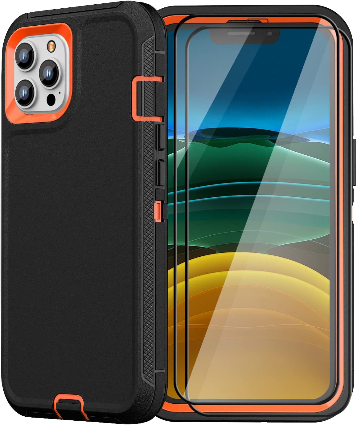 FEIYAR HOME Design for Iphone 11 Pro Max Case with 2 X Tempered Glass Screen Protector, Military Grade Full Body Drop Protective Shockproof Heavy Duty Case for Iphone 11 Pro Max 6.5 Inch (Black)  FEIYAR HOME Black Orange  