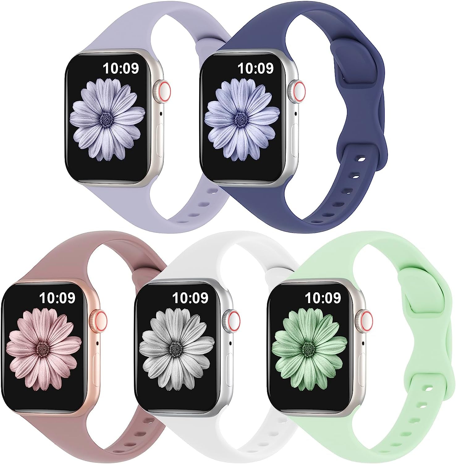 TSAAGAN 5 Pack Silicone Slim Bands Compatible with Apple Watch Band 38Mm 42Mm 40Mm 44Mm 41Mm 45Mm 49Mm, Soft Narrow Sport Strap Thin Wristband for Iwatch Ultra Series 8/7/SE/6/5/4/3/2/1 Women Men  TSAAGAN Lavender Grey/Alaskan Blue/Smoke Violet/White/Pistachio 38/40/41mm 