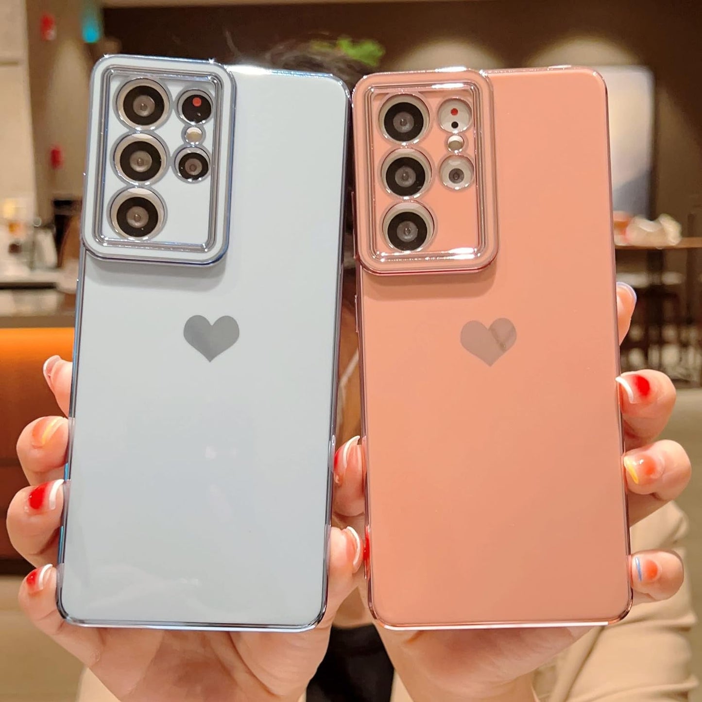 VANIPUFF Samsung Galaxy S21 Ultra 5G 6.8" Phone Case with Luxury Electroplate Cute Side Love Heart Cover Full Camera Protection Soft Silicone Anti-Fingerprint Shockproof Cover Bumper (Pink)  VANIPUFF\1   