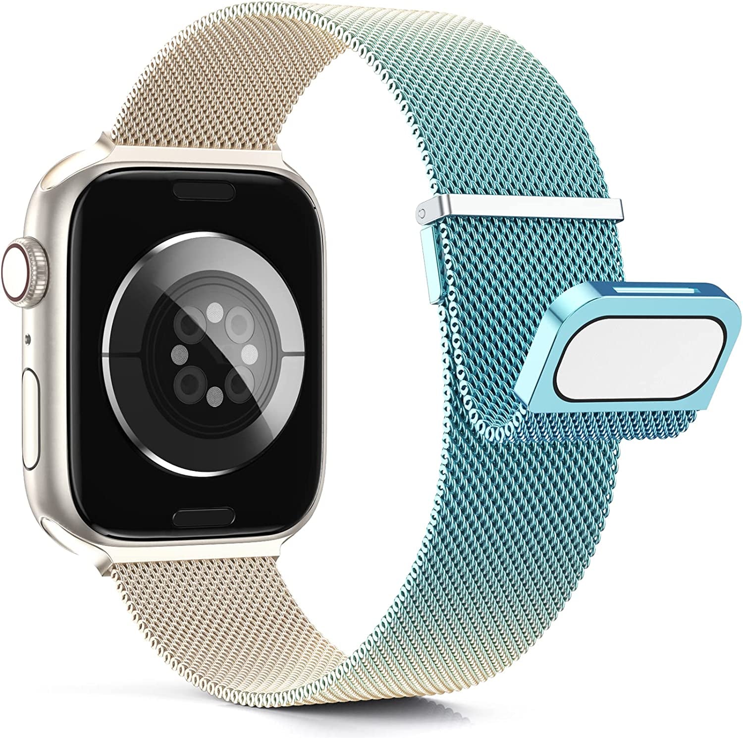 Merlion Magnetic Band for Apple Watch Band 41Mm 40Mm 38Mm 49Mm 45Mm 44Mm 42Mm for Women Men, Mesh Stainless Steel Dual Magnetic Clasp Strap for Iwatch Series 8 7 6 5 4 3 2 1 SE Ultra  Merlion Blue and Champagne 42/44/45/49mm 