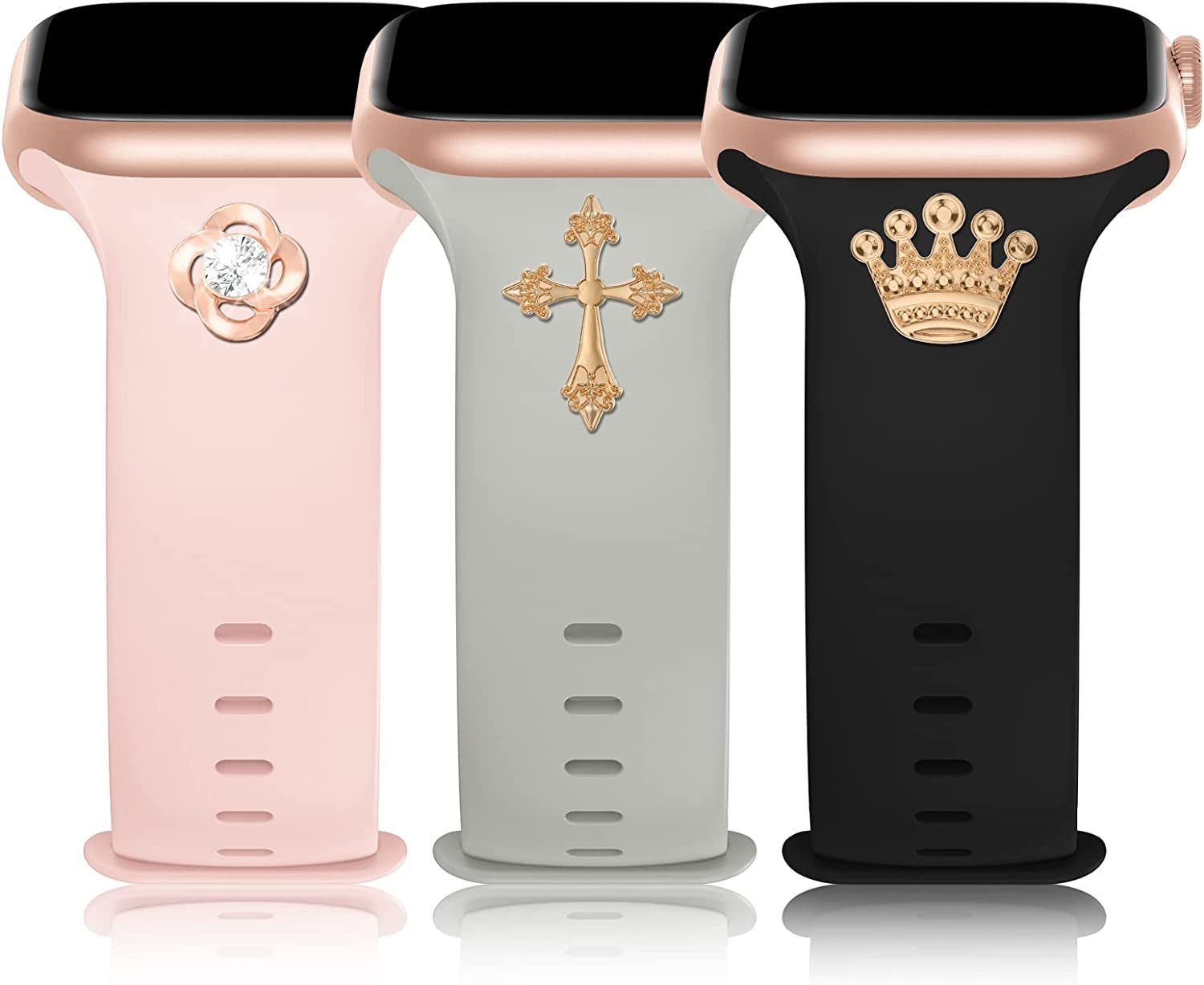3 Pack Sport Band with DIY Charms Compatible with Apple Watch Bands 41Mm 40Mm 38Mm, Designer Soft Silicone Wristbands Replacement Strap for Iwatch Series SE 8 7 6 5 4 3 2 1 Utral for Women Men  Plesechde Black/Sand Pink/Stone 42mm/44mm/45mm/49mm 