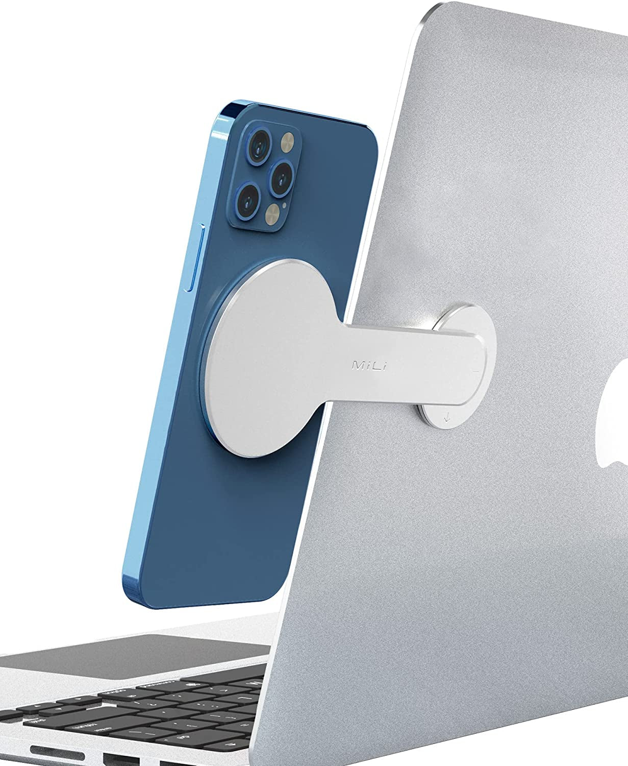 Mili Magnetic Laptop Phone Holder, Adjustable Monitor Side Mount Phone Holder, Screen Extension Bracket for Imac/Macbook, Compatible with Magsafe for Iphone 12/13/14 Max/Pro/Mini (Silver)  MiLi   