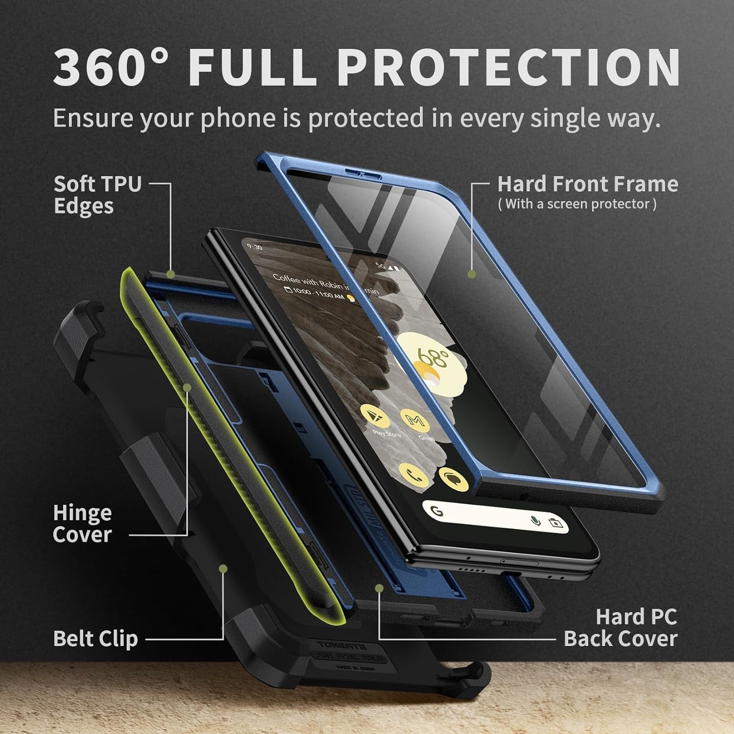 Tongate for Google Pixel Fold Case(2023), [Bulit-In Screen Protector] [Hinge Protection] Military Grade Dual Layer Shockproof Rugged Phone Case with Kickstand & Belt Clip for Pixel Fold 5G, Blue  Tongate   