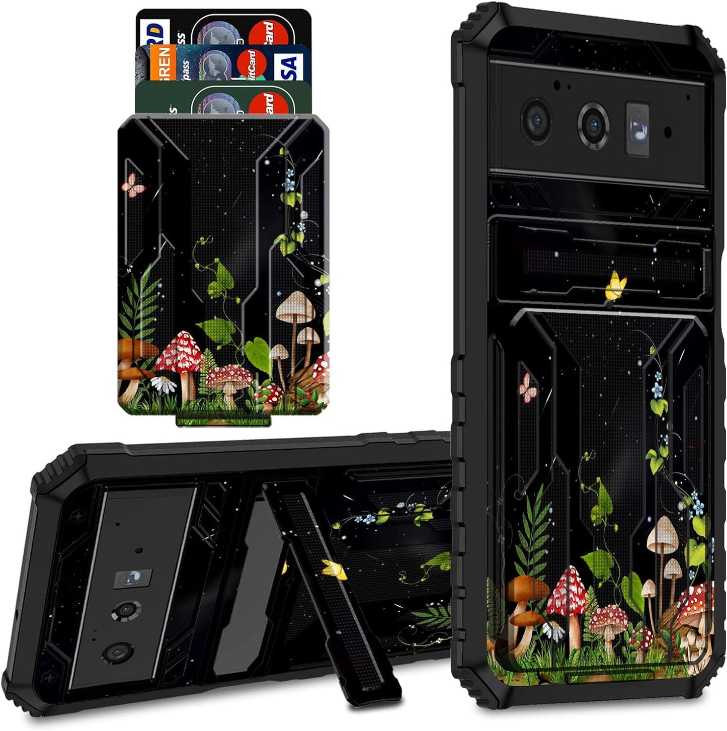 CGFGHHUY for Google Pixel 6 Pro Case for Pixel 6 Pro Wallet Case with Credit Card Holder & Kickstand Dual Layer Hard PC Soft TPU Protective Case for Google Pixel 6 Pro 6.7 Inch 2021 - Moth Moon Sun  CGFGHHUY Mushrooms Butterfly Flower Moon For Pixel 6 Pro 6.7 Inch 