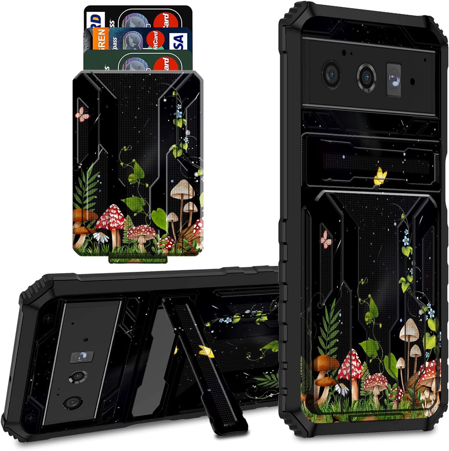 CGFGHHUY for Google Pixel 6 Pro Case for Pixel 6 Pro Wallet Case with Credit Card Holder & Kickstand Dual Layer Hard PC Soft TPU Protective Case for Google Pixel 6 Pro 6.7 Inch 2021 - Moth Moon Sun  CGFGHHUY Mushrooms Butterfly Flower Moon For Pixel 6 Pro 6.7 Inch 