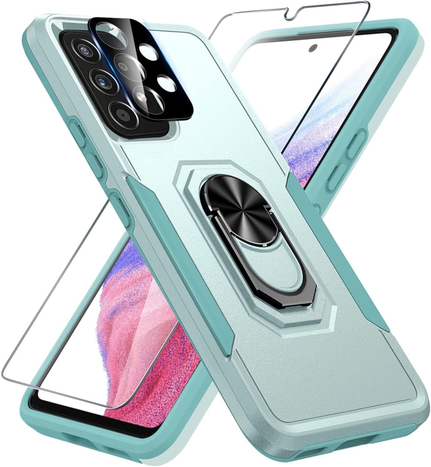 Samsung Galaxy A53 5G Case Built in Slide Camera Lens Cover and Screen Protector,Heavy Duty Shockproof Full Body Protective Phone Cover,Built in Finger Ring Stable Holder Kickstand,2022 Blue  Janmitta Mint Green Samsung A53(6.5 Inch) 