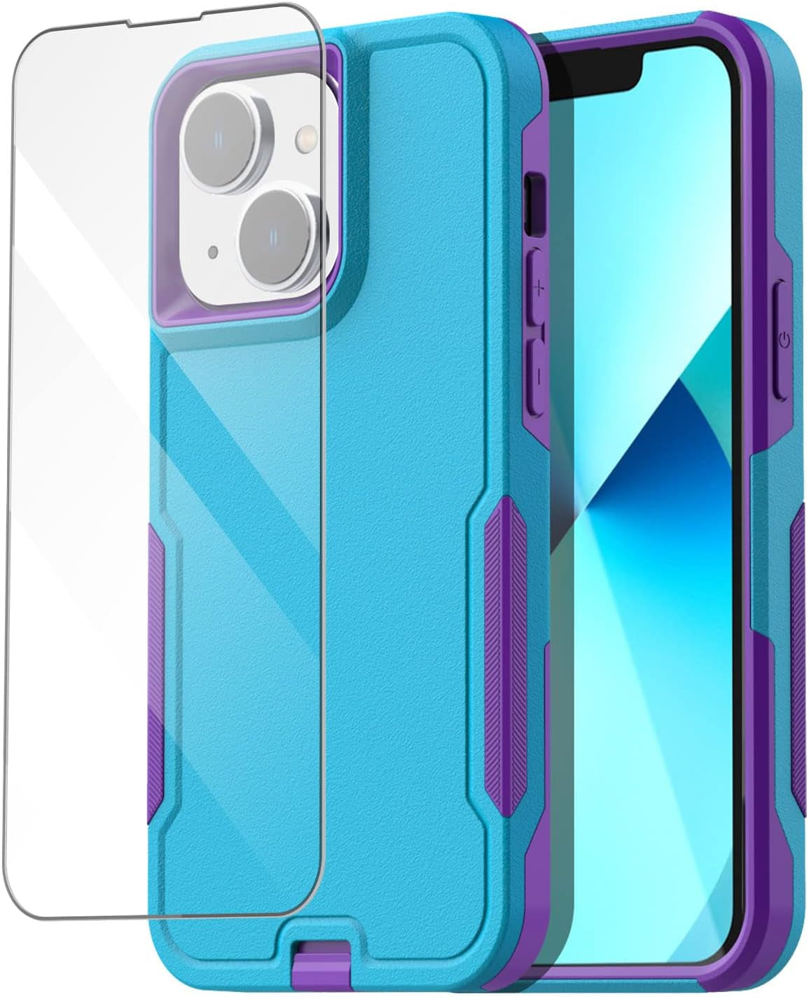 Aicase for Iphone 13 Case with Glass Screen Protector,Heavy Duty Drop Protection Full Body Rugged Shockproof Military Protective Tough Durable Cover for Iphone 13 6.1"_4  AICase Spring Blue/Purple+Glass Protector  