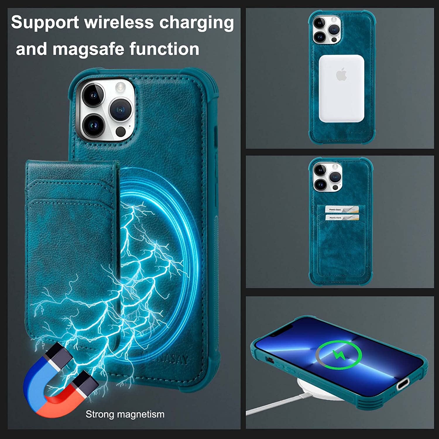 MONASAY Magwallet Case for Iphone 13 Pro Max,[Support Magsafe Wireless Charging][Glass Screen Protector] Flip Magnetic Leather Wallet Phone Cover with Detachable RFID Blocking Card Holder, Dark Green  MONASAY   