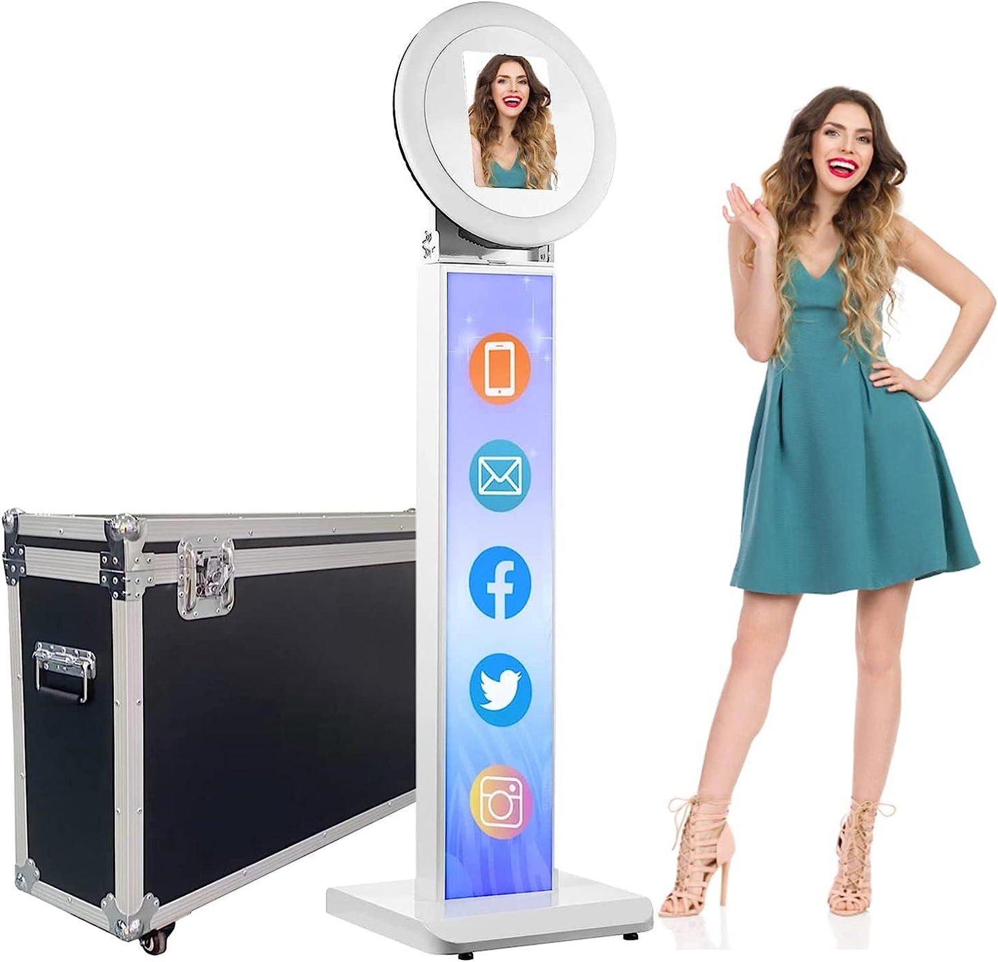 RXFSP Portable Photo Booth for 12.9" Ipad LCD Screen Selfie Machine Portable Metal Shell Adjustable Stand Photobooth Machine with RGB LED Ring Light for Wedding Halloween Christmas  RXFSP Ipad Photo Booth for 10.2"iPad+Flight Case 